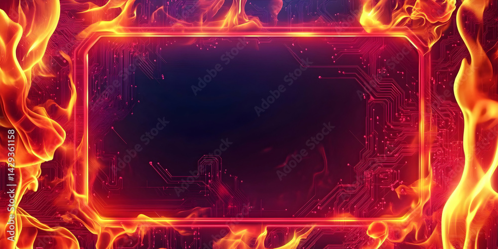 Poster fiery digital interface with circuit board pattern and blazing frame design