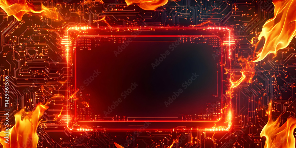 Poster fiery technological framework for data display with circuit board pattern