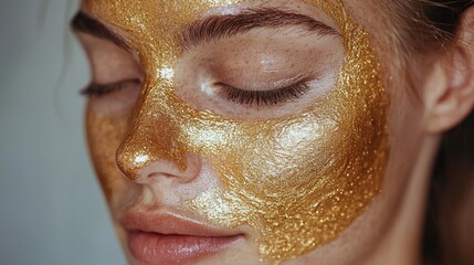 A close-up of a beautician applying a gold facial mask to a clients smooth skin, soft focus on luxurious skincare products