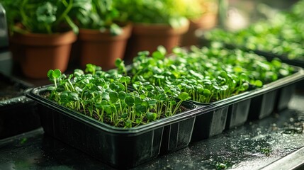 A close-up of a compost bin next to microgreens, demonstrating the eco-friendly nature of growing your own healthy food