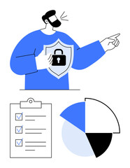 Man holding shield with lock icon, pointing forward with checklist and pie chart below. Ideal for security, data analysis, protection, management, organization, privacy guidance. Flat simple
