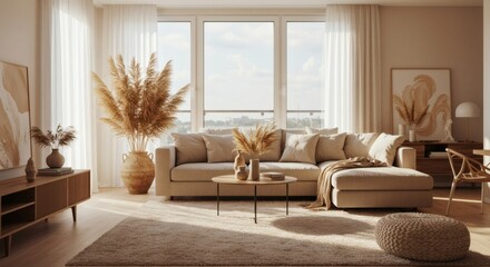 A beautifully decorated living room showcasing a modern interior, filled with soft, natural light and cozy furnishings.