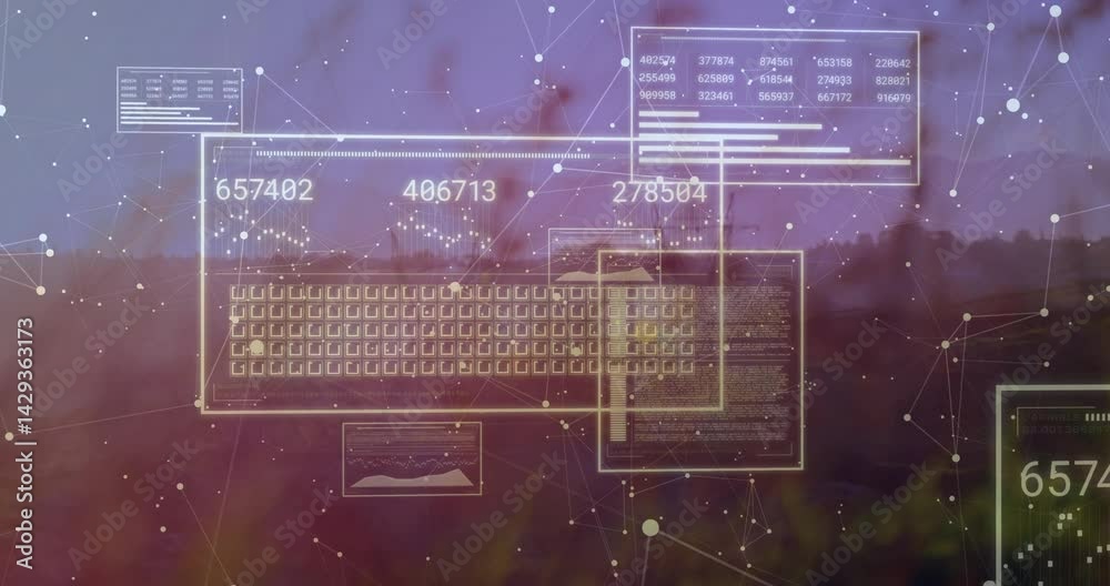 Poster keyboard schematic floating over blurred field while data panels displaying graphs and code panels