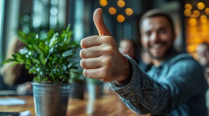 A close-up of a managers hand giving a "thumbs up" to an employee in recognition of their hard work during a company meeting