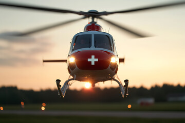 Emergency Helicopter Taking Off at Sunset - A symbol of rescue and aid, this helicopter is ready for urgent missions, framed by a beautiful evening sky.