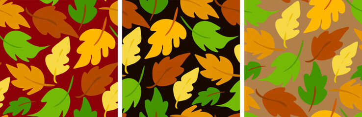 Fototapeta premium set of three vibrant autumn vector backgrounds with colorful leaves, modern simple fall design collection, bright seasonal textures on dark terracotta, black, brown backgrounds