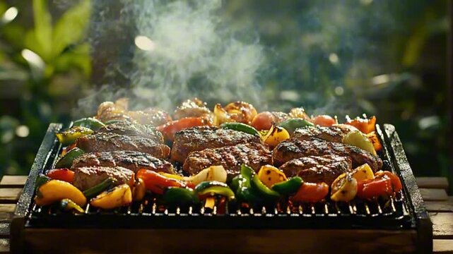 Sizzling grilled steaks and colorful vegetables on a barbecue.

