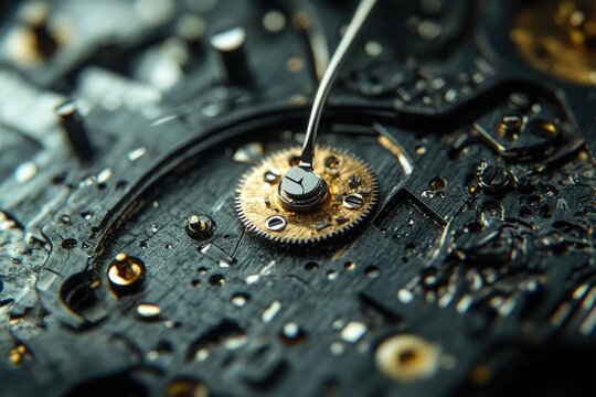 Intricate close-up of a mechanical watch's inner workings, showcasing its complex gears and mechanisms.