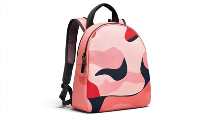 Graphic pink backpack with abstract art print, minimalist shape, and adjustable shoulder straps, isolate on white background