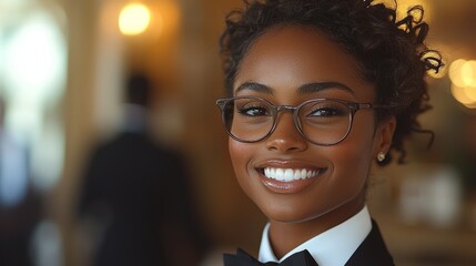 A close-up of a person looking in the mirror with a proud smile, dressed impeccably for an event