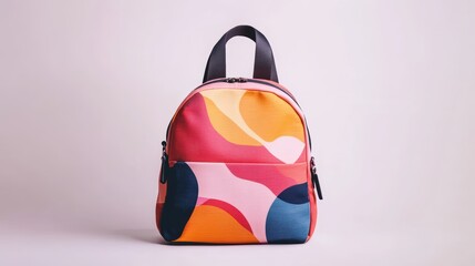 Graphic pink backpack with abstract art print, minimalist shape, and adjustable shoulder straps, isolate on white background