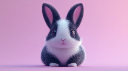 Fototapeta premium Small, cute rabbit with black-and-white fur, centered on a pastel lavender background