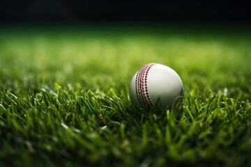 A cricket ball rests on lush green grass, ready for the game.
