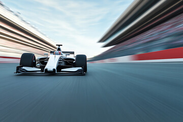 Race car speeds by on the track; focused on the sport of auto racing at a professional level with a white car.