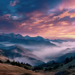 Obraz premium A serene mountain landscape at dawn, with mist covering the valleys and a colorful sky. 