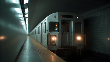 Fototapeta premium Old style train at the underground station. Retro style subway. 