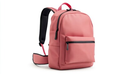 Fototapeta premium Classic pink backpack with modern graphic detailing, sleek zippers, and ergonomic design for comfort, isolate on white background