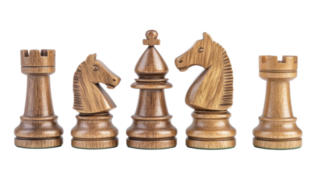 Classic Chess Pieces Isolated on Transparent PNG Background – Strategic Board Game Components Including King, Queen, Bishop, Knight, Rook, and Pawn
