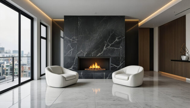 Modern interior design architecture photography: A modern living room features a sleek black marble fireplace accent wall, expansive windows overlooking a cityscape, and two white armchairs facing a