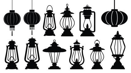 This image features a variety of lantern and lamp silhouettes, including traditional Chinese lanterns and various styles of oil lamps