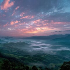 Fototapeta premium A serene mountain landscape at dawn, with mist covering the valleys and a colorful sky. 
