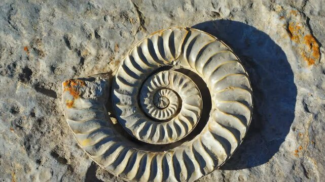 Fossilized ammonite shell cast in stone matrix exhibiting spiral patterns and geological antiquity.