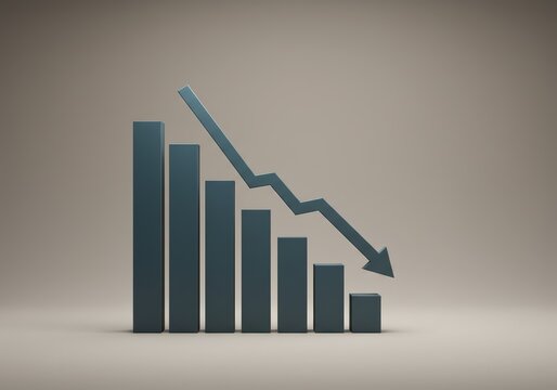 Financial graph with falling bars and a downward arrow showing recession or stock market decrease. Concept of economic crisis and business loss for finance report trend chart illustration.