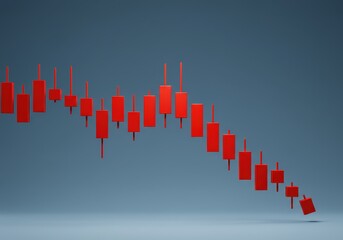 Rendering showing a stock market graph illustrating a decline in value represented by red candlestick chart components against a blue background for financial visualization.