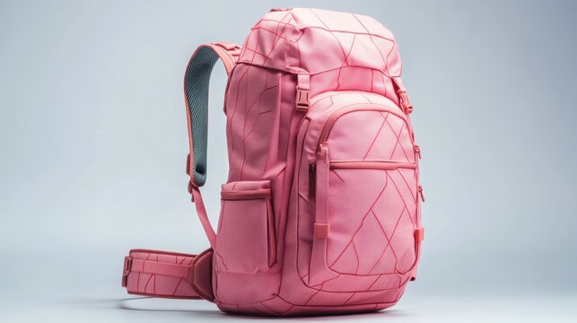 Pink graphic backpack with angular line patterns, external storage pockets, and ergonomic shoulder straps, isolate on white background