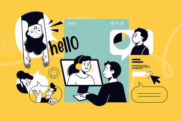 Creative illustration of online communication, support, social network. Vector concept for web banner, social media banner, business presentation, marketing material. 