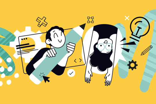 Business illustration of creative idea, web design and development. Vector concept for web banner, social media banner, business presentation, marketing material. 