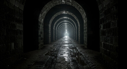 Obraz premium Dark Stone Tunnel with Water Reflection and Diminishing Perspective Creates Gloomy Atmosphere