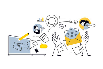 Creative illustration of online business, management, documents, communication, planning and business report. Vector concept for web banner, social media banner, business presentation, marketing mater