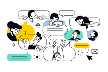 Creative illustration of community, social media, communication, chatting. Vector concept for web banner, social media banner, business presentation, marketing material. 