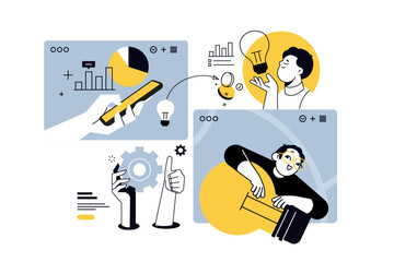 Creative illustrations of mobile business, crowdfunding, settings, big idea. Vector concepts for web banner, social media banner, business presentation, marketing material. 