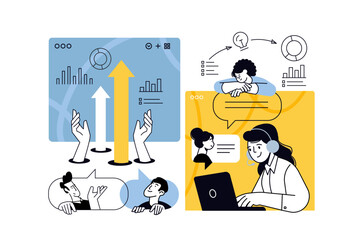Creative illustrations of business growth, planning and strategy, project development, technical support, communication. Vector concepts for web banner, social media banner, business and marketing.