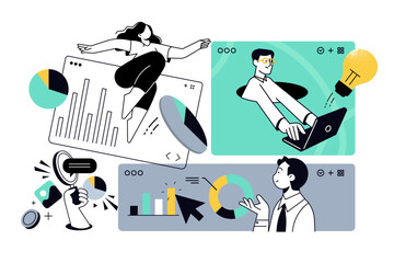 Creative illustrations of business app. Vector concepts for web banner, social media banner, business presentation, marketing material. 