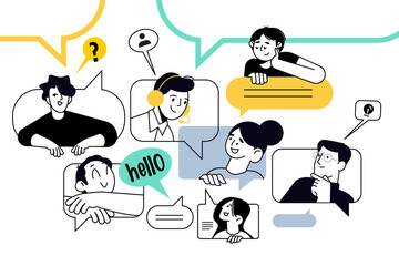 Creative illustration of online support, call center, communication. Vector concept for web banner, social media banner, business presentation, marketing material. 