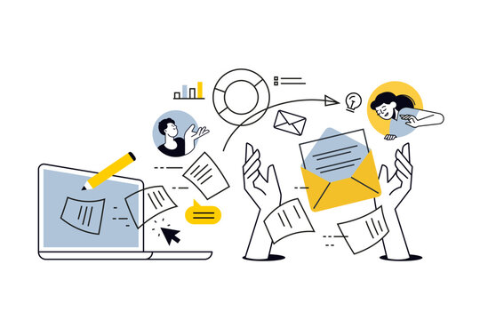 Creative illustration of online business, management, documents, communication, planning and business report. Vector concept for web banner, social media banner, business presentation, marketing mater