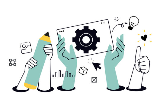 Creative illustration of app design and development. Vector concept for web banner, social media banner, business presentation, marketing material. 