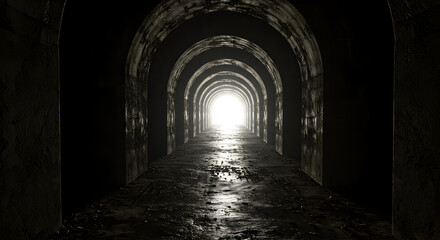 Obraz premium Dark Tunnel with Arches Leading to Bright Light at the End Perspective View