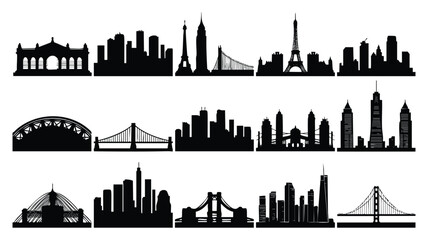 Fototapeta premium This image features a set of black silhouette illustrations of iconic city skylines and bridges from around the world
