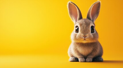 Obraz premium Sweet baby bunny with brown fur, sitting on a light yellow background