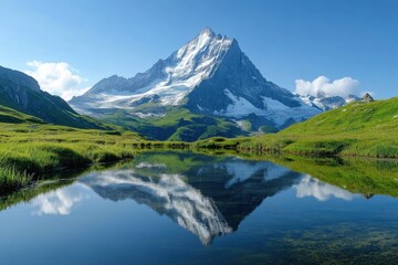 Majestic mountain reflected in tranquil lake with clear blue skies