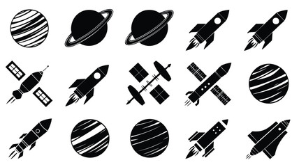 A collection of black silhouette icons representing various space-related objects, including planets, rockets, satellites, and space stations