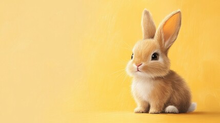 Obraz premium Sweet baby bunny with brown fur, sitting on a light yellow background