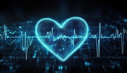  Glowing heart-shaped outline with an ECG waveform, set against a dark tech-themed background