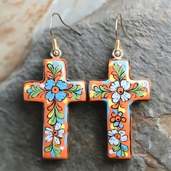 Aprillane Gorgeous Hand-Painted Terra Cotta Cross Earrings