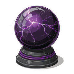 Render a dark, mystical orb pulsating with vibrant purple lightning, swirling energy, and arcane glyphs.  V-shaped crack visible.
