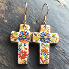 Aprillane Gorgeous Hand-Painted Terra Cotta Cross Earrings